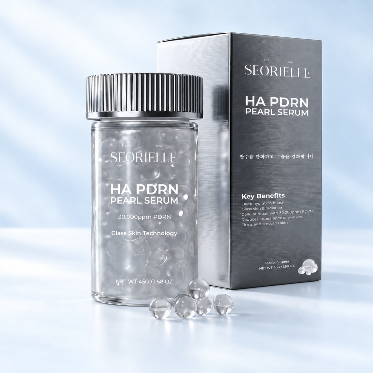 SEORIELLE PDRN pearl serum jar and box on an ice-blue background; packaging visualization